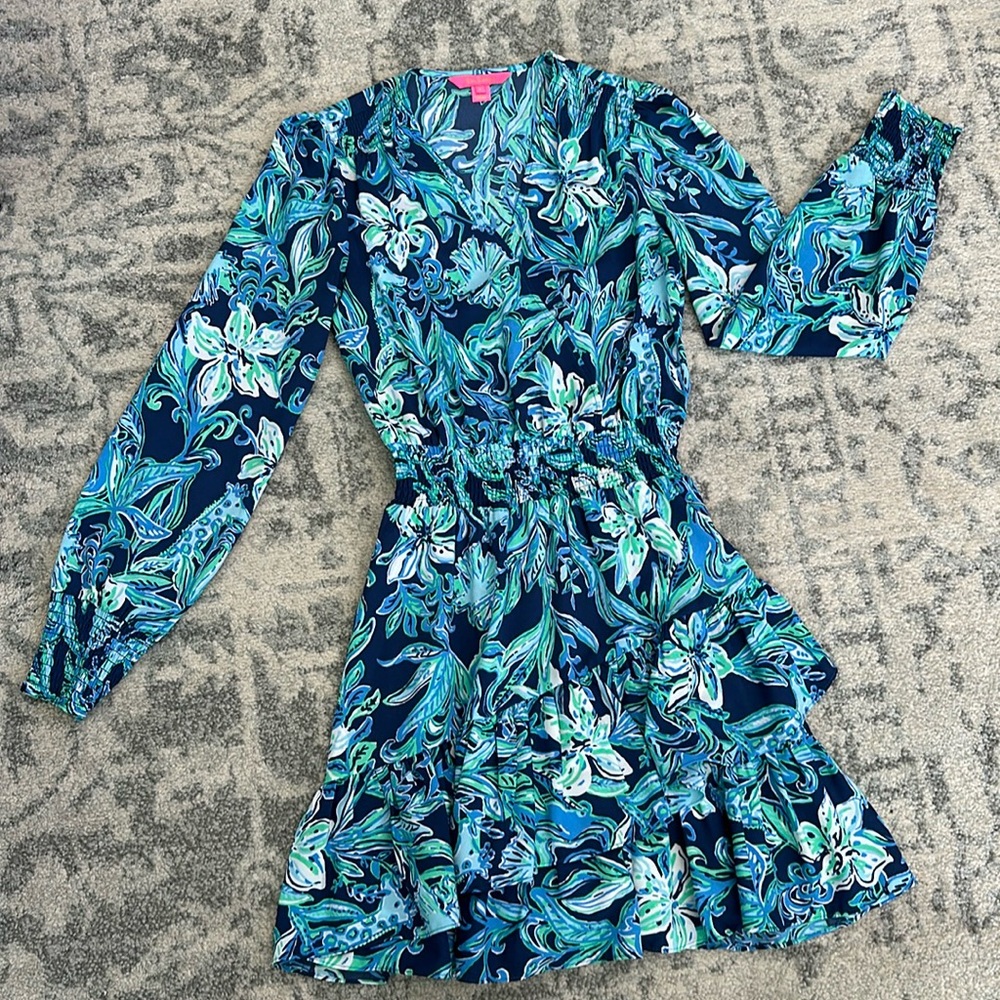 NWOT LILLY PULITZER DRESS BLUE GREEN floral flower SMOCK LAYERED RUFFLED SKIRT 0